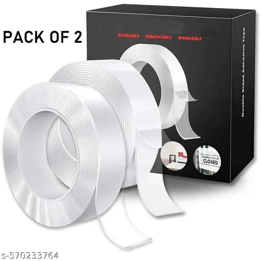 Qatalitic 2 Pcs Double Sided Adhesive Tape 3 Metre Heavy Duty, Clear & Tough Nano, Removable, Reusable and Washable Transparent Adhesive Tape for DIY Art & Craft