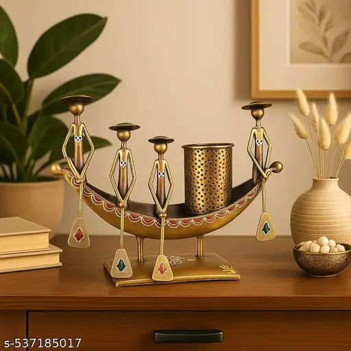 Handcrafted Kerala Boat Shaped Metal Showpiece with Pen Stand | Traditional Indian Decor | Ethnic Desk Organizer | Antique Boat Design Table Accent | Handmade Art Piece – 10x8 Inch