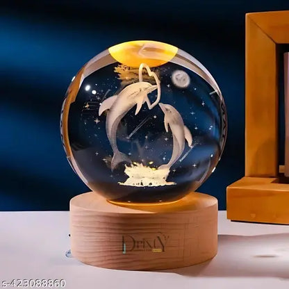 Rolexexplorer 3D Crystal Ball with LED Wooden Base, Crystal Dolphin Figurine Paperweight Ornaments, 3D Laser Engraved Decorative Glass Ball Birthday Gifts for Girls or Boys. (Dolphin)