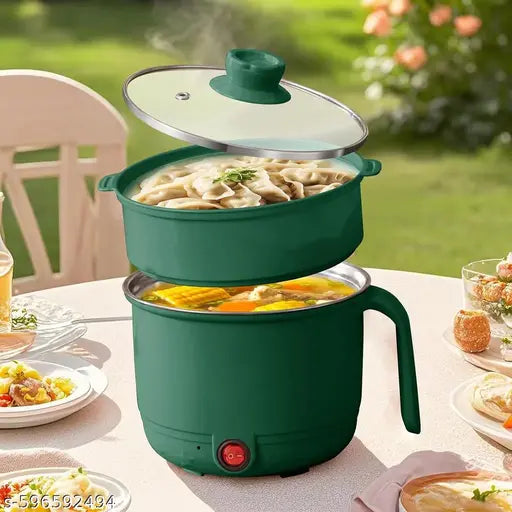 RIYANSH IMPORTER Multifunctional Electric Hot Pot with Steamer, Green, 1.5L Capacity, 600W, Glass Lid, Cool Touch Material, Non-Slip Handle, Fast Heating for Soup, Pasta, Oatmeal, Vegetables MULTI COLOR ( PACK OF 1)
