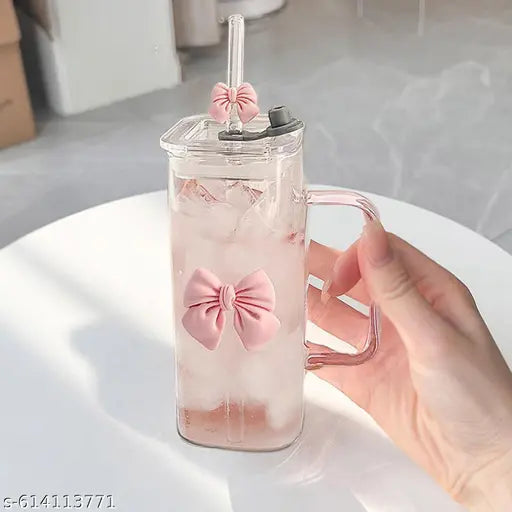 Square Pink Bow Glass Cup Set of 1, 400 ml Aesthetic Repeat Use Glass Tumbler with Pink Handle, Cute Smoothie Cup for Milk, Coffee, Iced Tea, Juices, Leakproof Lid & Straw Gift for Girls