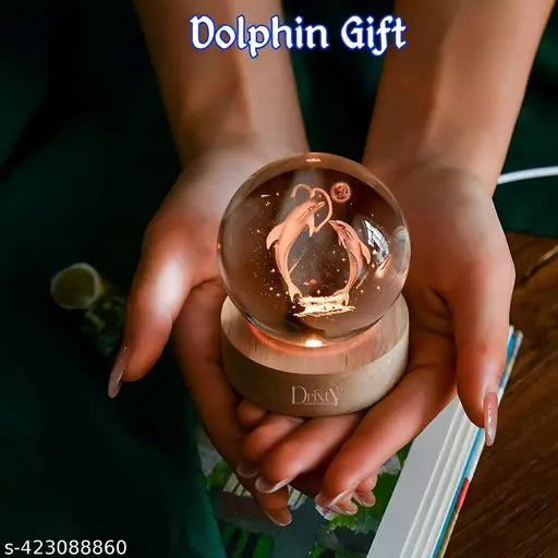 Rolexexplorer 3D Crystal Ball with LED Wooden Base, Crystal Dolphin Figurine Paperweight Ornaments, 3D Laser Engraved Decorative Glass Ball Birthday Gifts for Girls or Boys. (Dolphin)