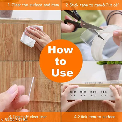 Qatalitic 2 Pcs Double Sided Adhesive Tape 3 Metre Heavy Duty, Clear & Tough Nano, Removable, Reusable and Washable Transparent Adhesive Tape for DIY Art & Craft