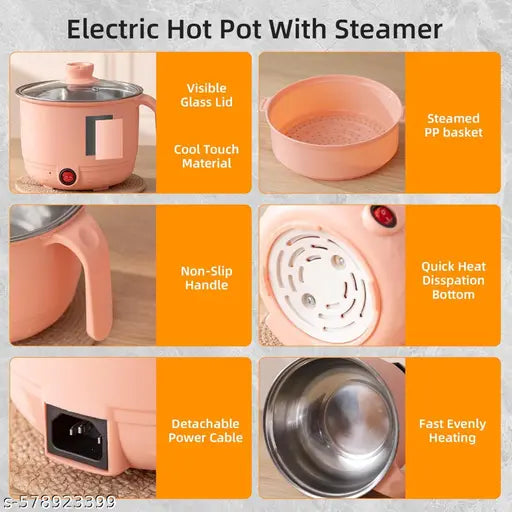 RIYANSH IMPORTER Multifunctional Electric Hot Pot with Steamer, Green, 1.5L Capacity, 600W, Glass Lid, Cool Touch Material, Non-Slip Handle, Fast Heating for Soup, Pasta, Oatmeal, Vegetables MULTI COLOR ( PACK OF 1)