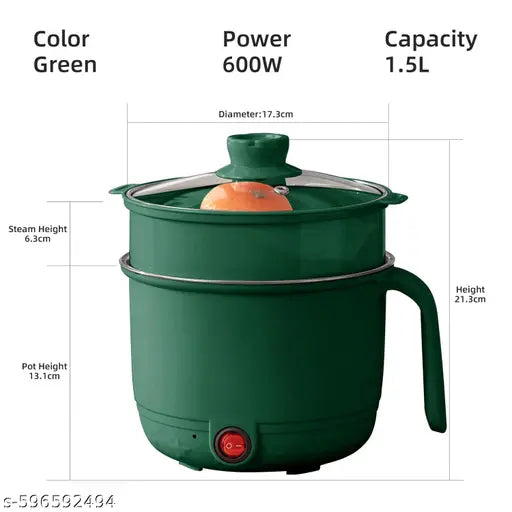 RIYANSH IMPORTER Multifunctional Electric Hot Pot with Steamer, Green, 1.5L Capacity, 600W, Glass Lid, Cool Touch Material, Non-Slip Handle, Fast Heating for Soup, Pasta, Oatmeal, Vegetables MULTI COLOR ( PACK OF 1)