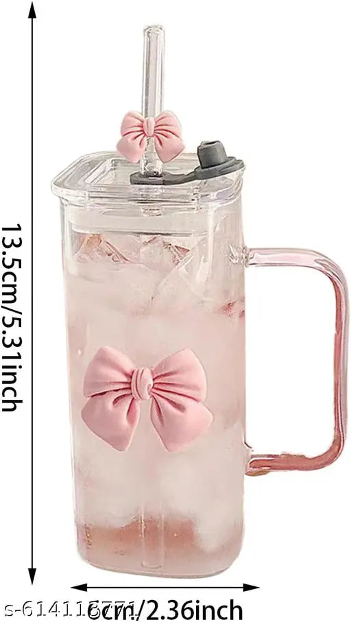 Square Pink Bow Glass Cup Set of 1, 400 ml Aesthetic Repeat Use Glass Tumbler with Pink Handle, Cute Smoothie Cup for Milk, Coffee, Iced Tea, Juices, Leakproof Lid & Straw Gift for Girls